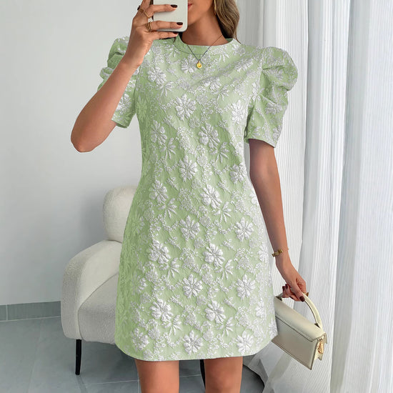 LADIES Puff Sleeve Texture Jacquard Round Neck RETRO Dress - Swefashionstore