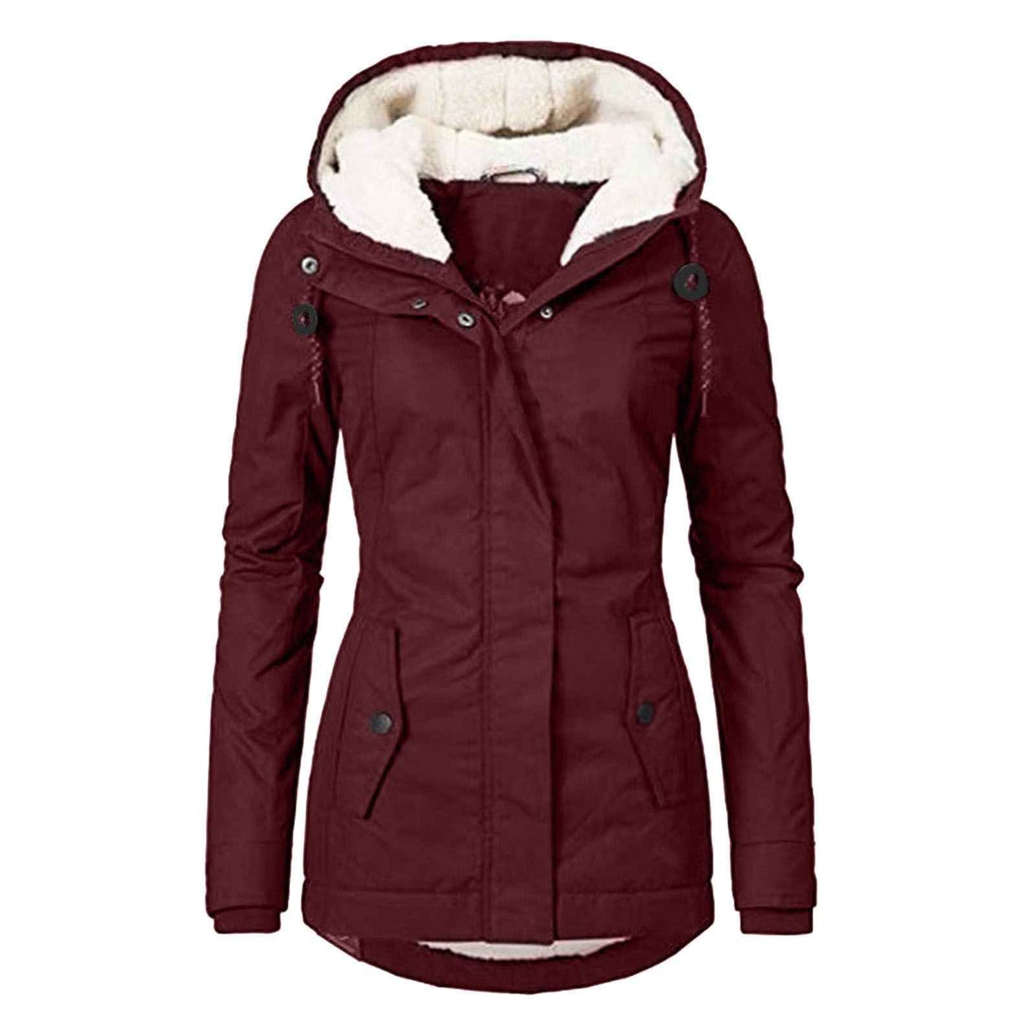 Winter Hooded Jacket for Women - Solid Color Fleece Zip-up with Pockets