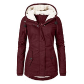 Winter Hooded Jacket for Women - Solid Color Fleece Zip-up with Pockets