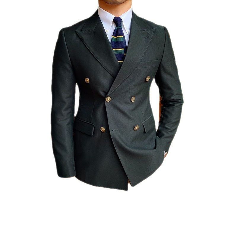 Casual business all-match double breasted suit jacket in dark fabric.