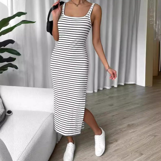 Women's fashion sleeveless knitted striped dress in black and white.