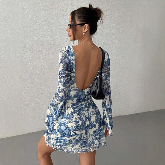 Printed Flare Sleeve Backless Mesh Dress - Swefashionstore