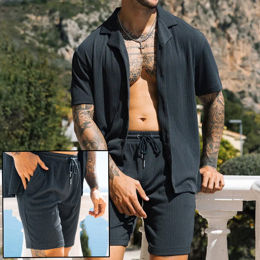 Men's two-piece set with short sleeve shirt and shorts, stylish and comfortable, polyester and cotton blend, perfect for casual wear.