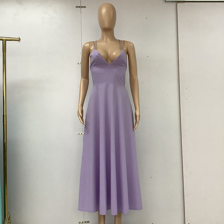 New Design V-neck Suspender Summer Fashion A-Line Long Dresses - Swefashionstore