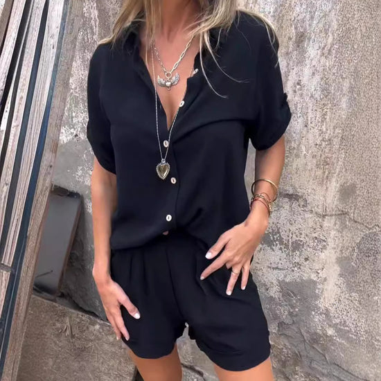 Short-sleeved Suits Fashion Lapel Button Shirt Top And Pocket Shorts Women&