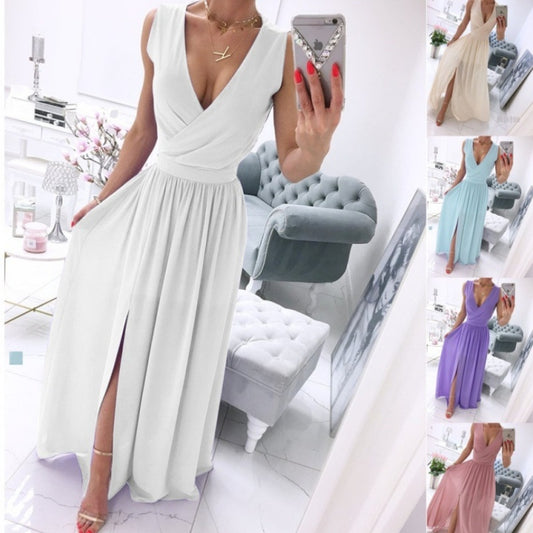 Summer Sleeveless And Ankle Skirt Solid V-neck Front Split Long Dress