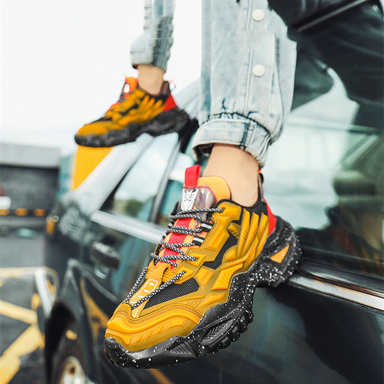 Casual Sneaker Fashion Mech Dad Shoes in black and yellow with platform sole, mesh lining, and PU upper.