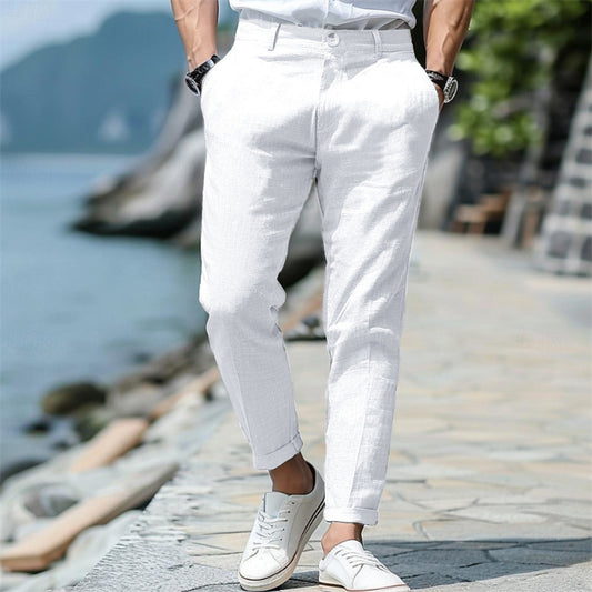 LINEN SUMMER Button Front Slant Pocket Straight-leg Trousers