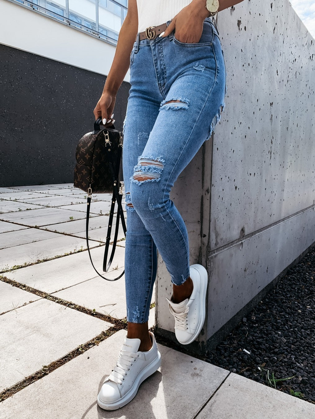 Denim Holed Washed Jeans Low-Waist Holed Hemmed Leggings