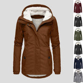 Winter Hooded Jacket for Women - Solid Color Fleece Zip-up with Pockets