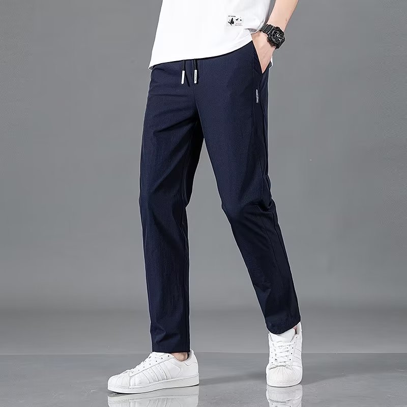 Men's plus size fashion straight pants in dark blue, polyester material, comfortable fit.