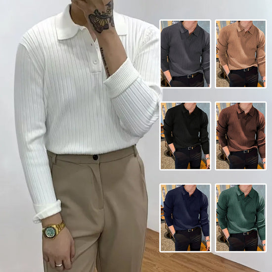 Lapel Texture Stretch Slim Knit Polo Shirt - Swefashionstore