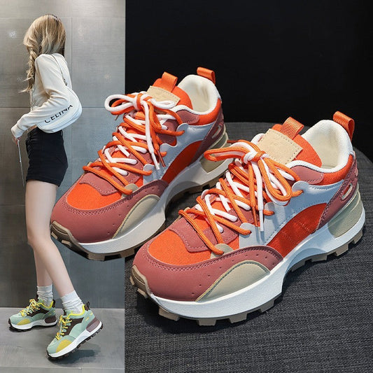 New Lightweight Women's Retro Platform sneakers in orange and green with low flat heel.