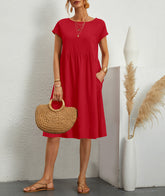 Summer Short-sleeved Dress With Pockets Fashion Solid Round Neck A-line Dresses For Women Clothing - Swefashionstore