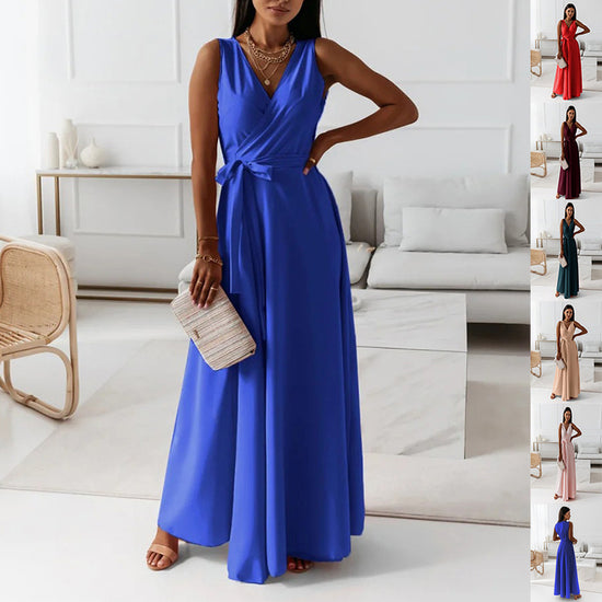 V-neck Sleeveless Dress With Belt Summer Fashion Party Club Evening Maxi Dresses For Women Clothing - Swefashionstore