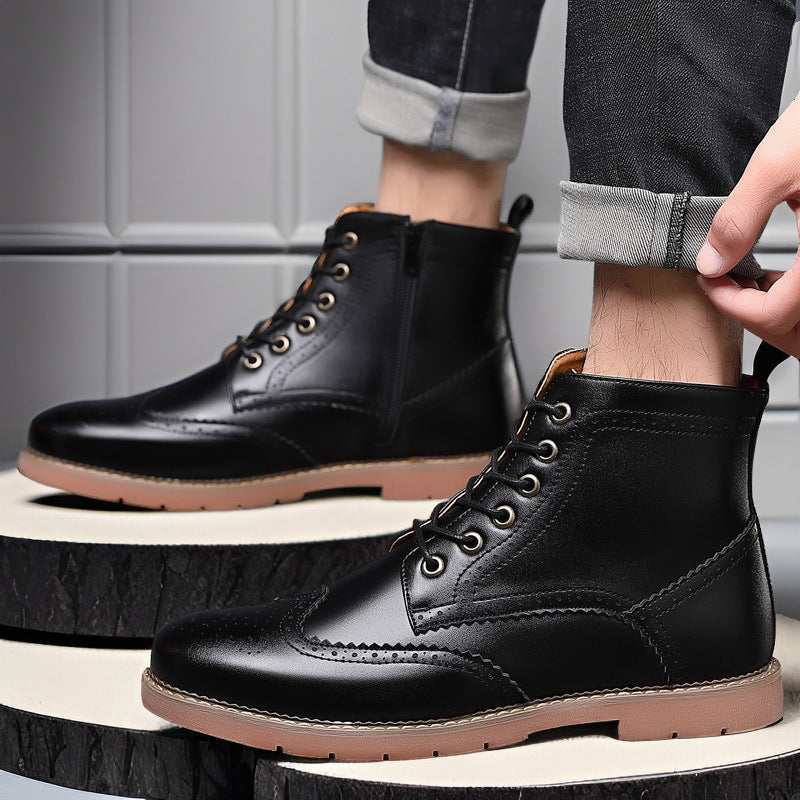 Men's high-top black business shoes, British Martin style, lace-up design, leather upper, low horseshoe heel, non-slip TPR sole.