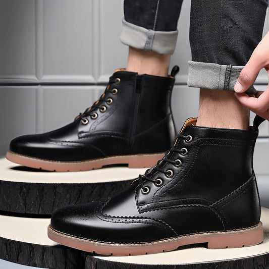 Men's high-top black business shoes, British Martin style, lace-up design, leather upper, low horseshoe heel, non-slip TPR sole.
