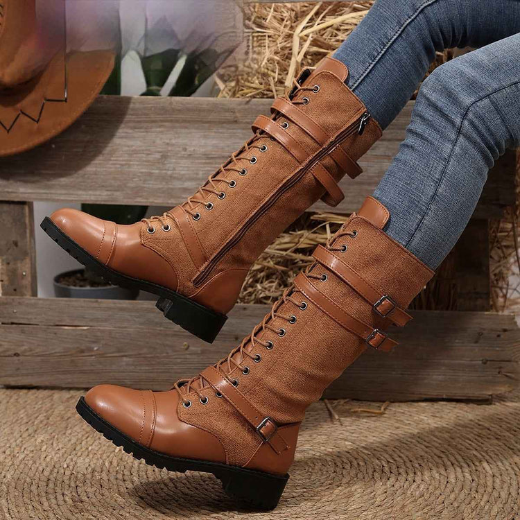 Round Toe Rivet Boots with Belt Buckle and Square Heel