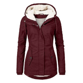 Winter Hooded Jacket for Women - Solid Color Fleece Zip-up with Pockets
