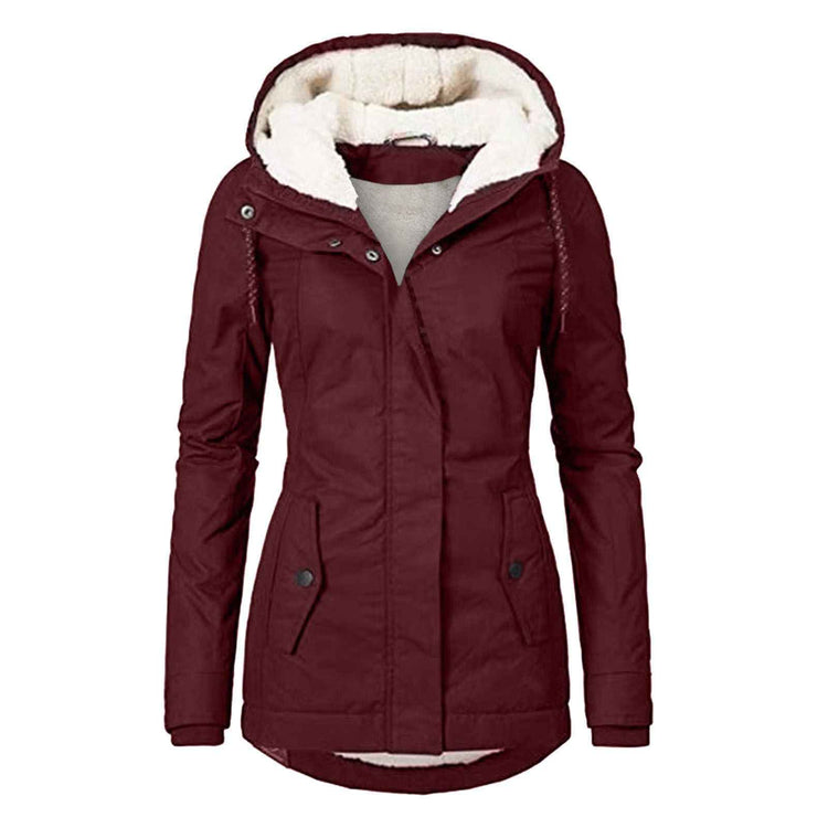 Winter Hooded Jacket for Women - Solid Color Fleece Zip-up with Pockets