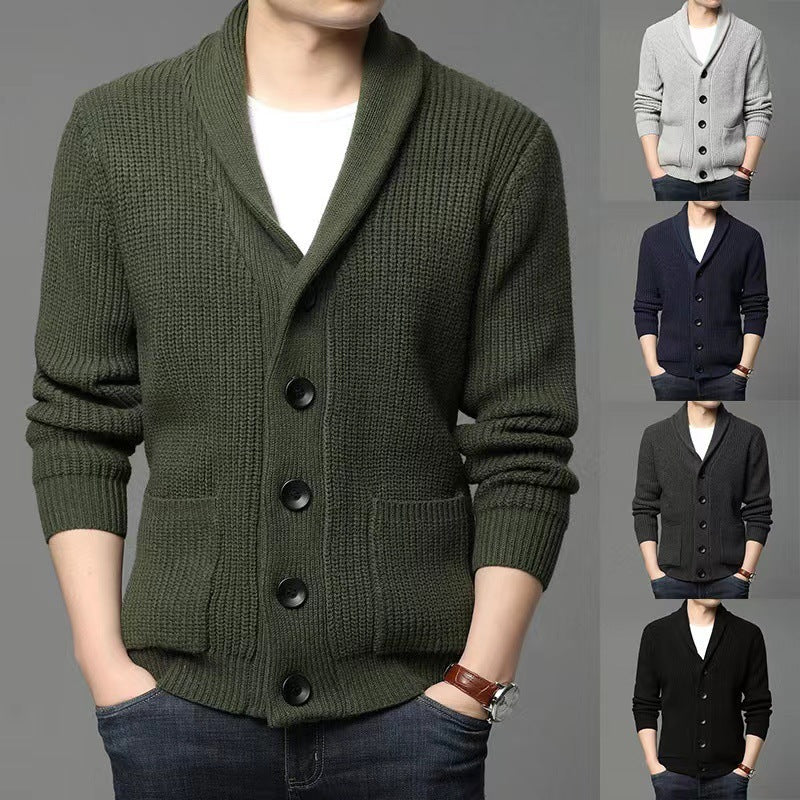 Classic lapel cardigan casual sweater in gray, black, navy, khaki, and army green colors, featuring a slim fit and acrylic fabric, displayed on a model.