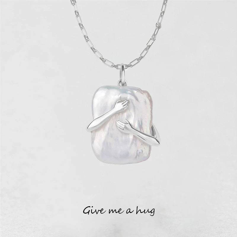 Unique square Baroque pearl couple pendant necklace with water wave chain.