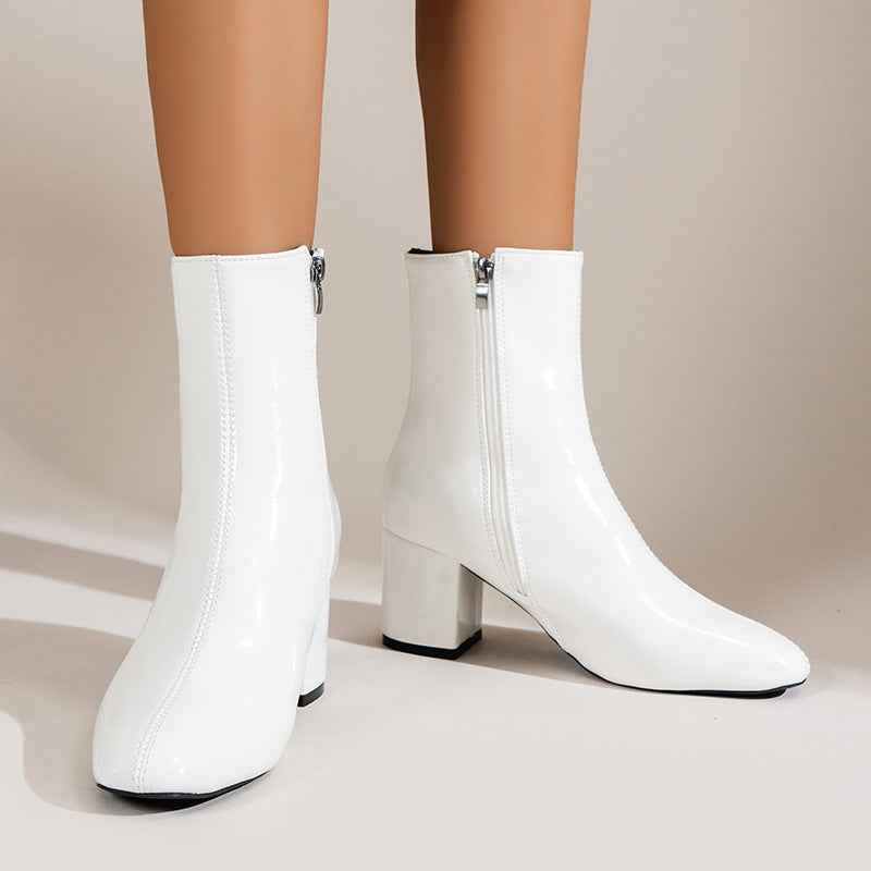 Chunky Heel Pointed Toe Boots with Side Zipper - Fashion Mid-Calf Boots for Women