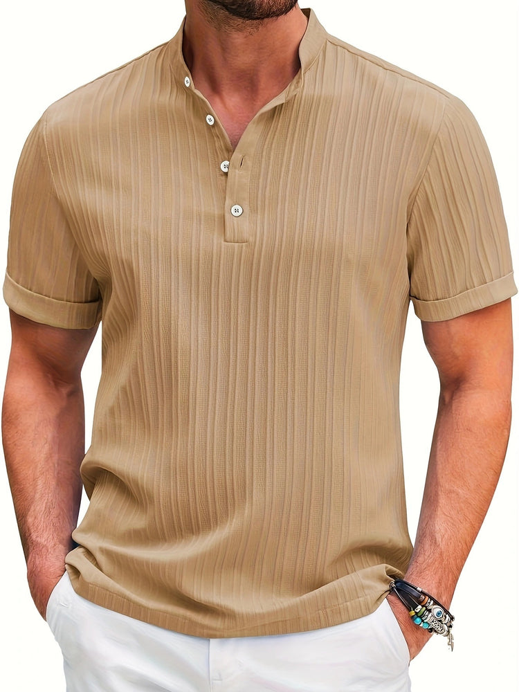 Summer Stand Collar Buttons Short Sleeve T-shirt Solid Color Stripe POLO Shirt Fashion Casual Beach Clothing For Men - Swefashionstore