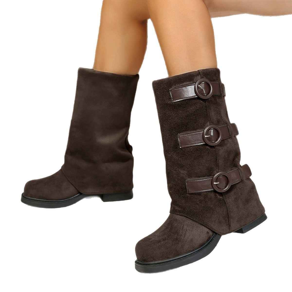 Vintage Suede Pantyhose Boots with Buckle Detail