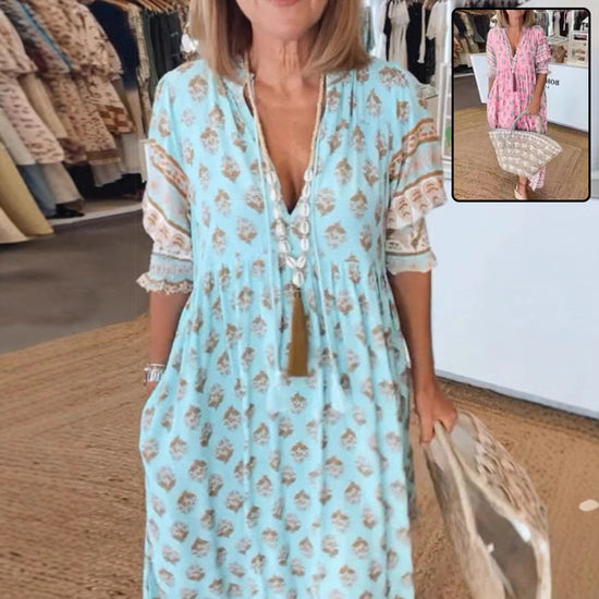 Summer Bohemian Print Lantern-Sleeved Dress Clothing For Women - Swefashionstore