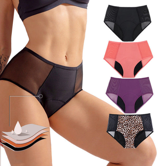 4-layer absorption menstrual briefs in assorted colors, featuring nylon and cotton blend for optimal comfort and protection.