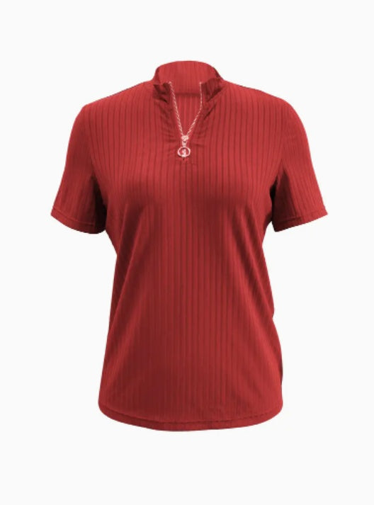 Damen-T-Shirt mit V-Ausschnitt und Reißverschluss, kurzärmelig