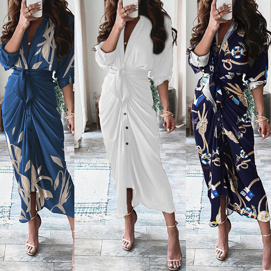 NEW European Print Long-Sleeved LACE-UP Single-Breasted SHIRT Dress