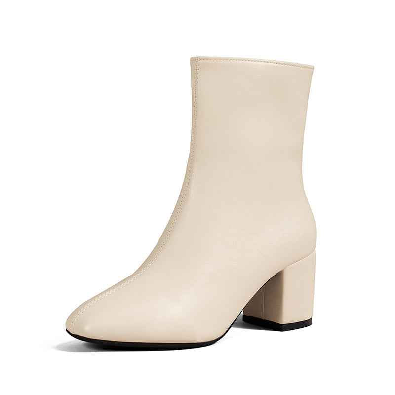 Chunky Heel Pointed Toe Boots with Side Zipper - Fashion Mid-Calf Boots for Women