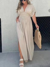 Fashion Bat-sleeved V-neck Slit Dress Summer Short Sleeve Elastic Waist Long Dresses Womens Clothing - Swefashionstore