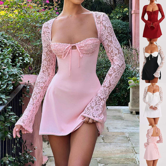 Y2K  Lace Long Sleeve Dress Fashion Sexy Corset Backless Lace Up Short Dresses Womens Clothing - Swefashionstore