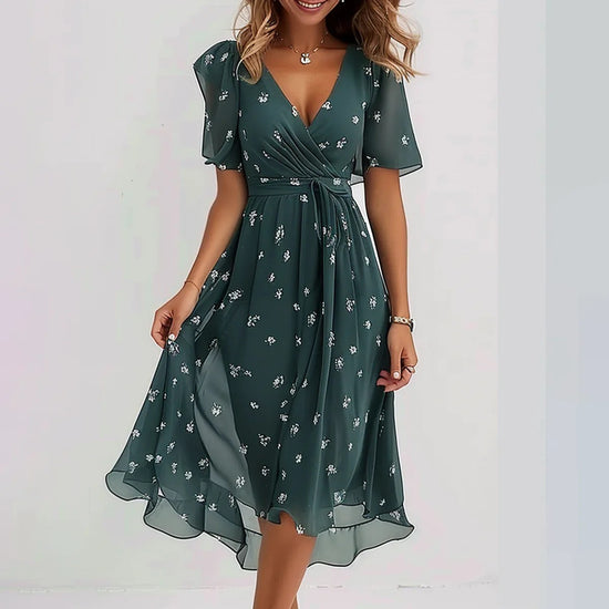 Chiffon Printed Short Sleeve Dress Summer Elegant V-neck Dresses Womens Clothing - Swefashionstore