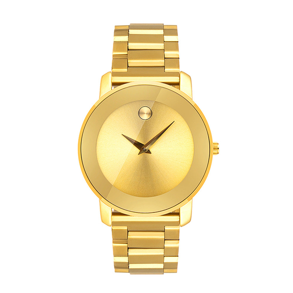 Ultra-thin gold men's business watch with quartz movement and stainless steel design.