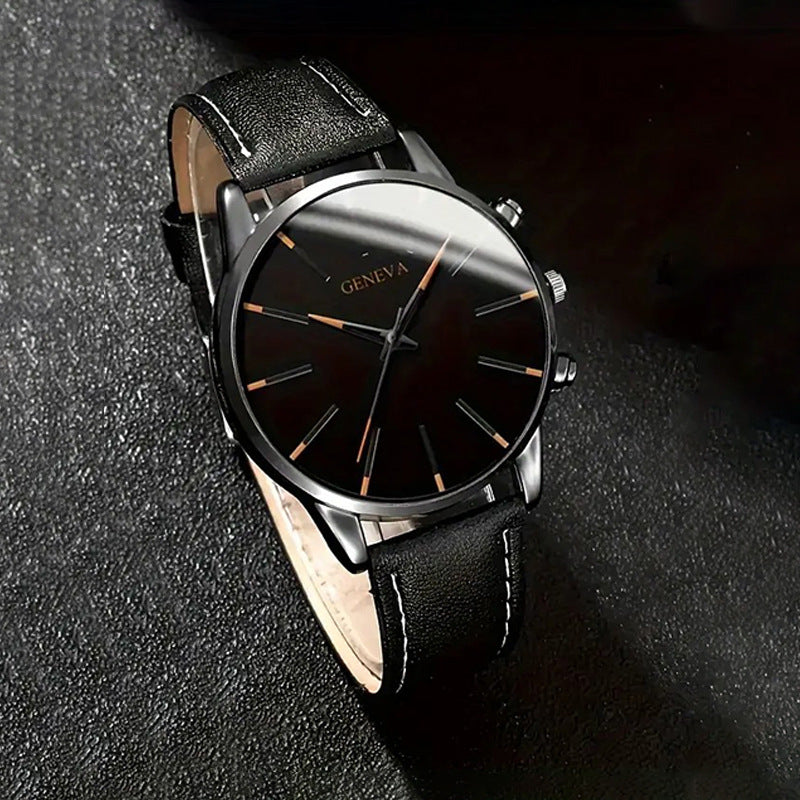 Waterproof senior electronic quartz watch with black dial and leather strap.
