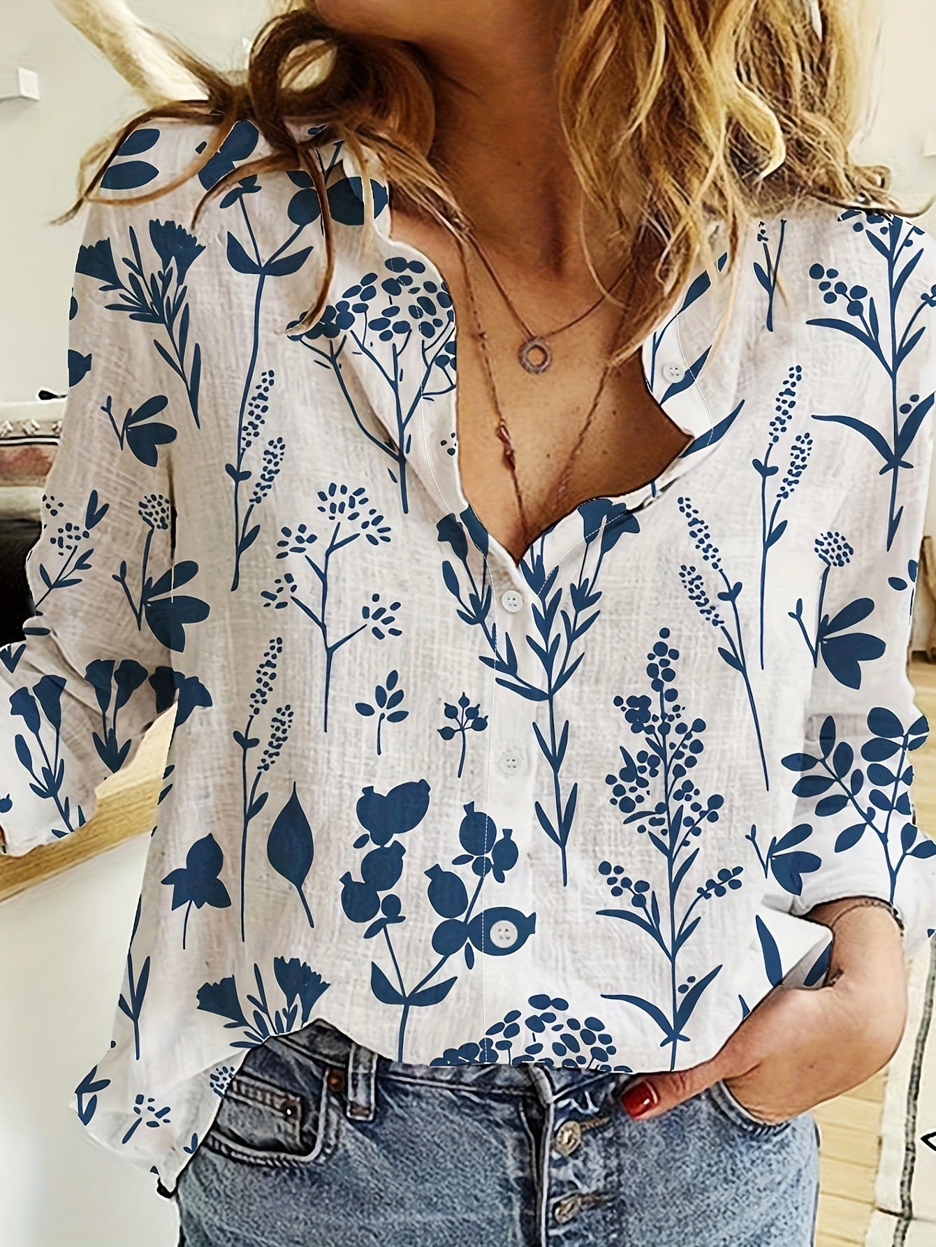 Women's 3D Digital Printing Lapel Collar Long-sleeved Shirt