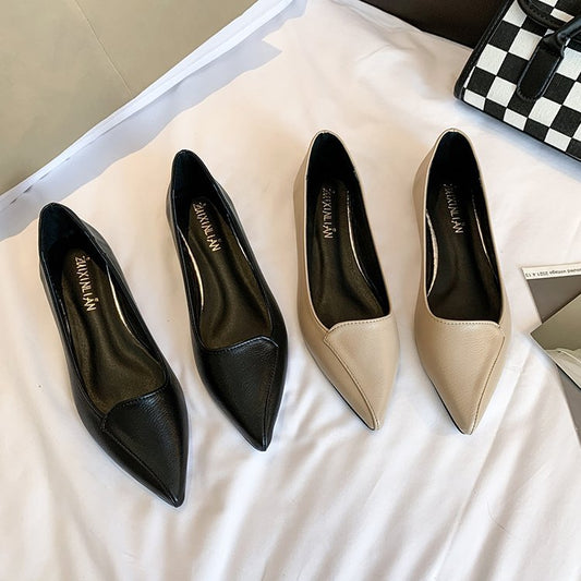 Fashion Personality Shallow Mouth Women's Flat Heel Shoes in black and apricot on display.