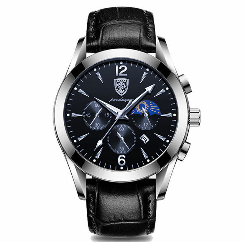 Waterproof Luminous Men's Watch with black surface and leather strap.