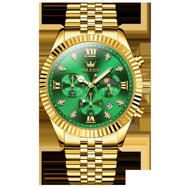 Men's fashionable golden quartz watch with green dial and stainless steel strap.