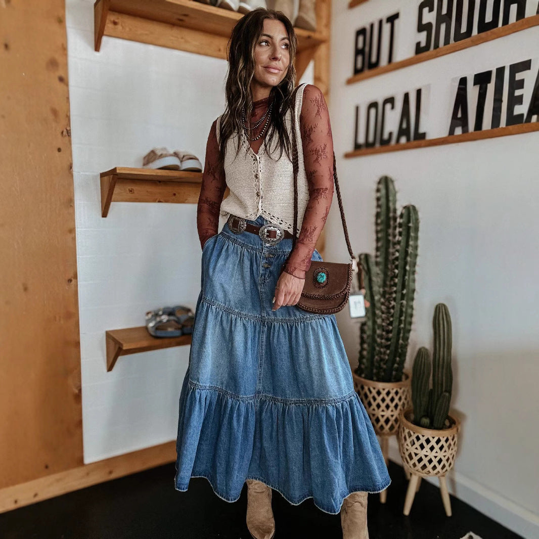 SUMMER FASHION Bohemian A- Line Layered Cake Denim Skirt