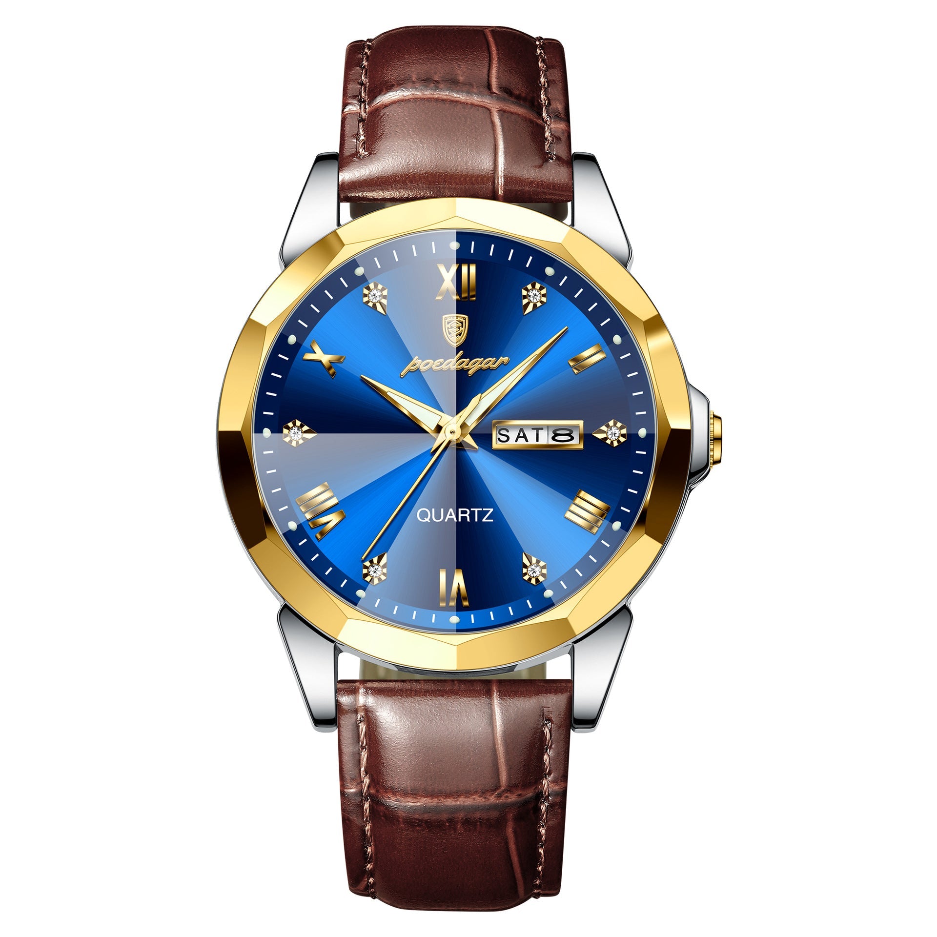 Men's waterproof luminous fashion quartz watch with a blue dial, gold accents, and brown leather strap.
