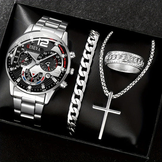 Men's Temperament Business Watch with bracelet, necklace, and ring set in silver.