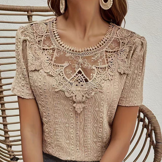 Women's elegant camel lace short sleeve top with hollow round neck design, jacquard polyester fabric.