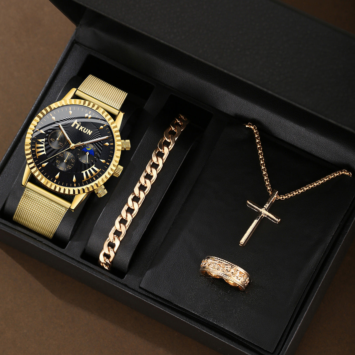 New Fashion Casual Sports Watch set with gold chain, necklace, and ring in gift box.