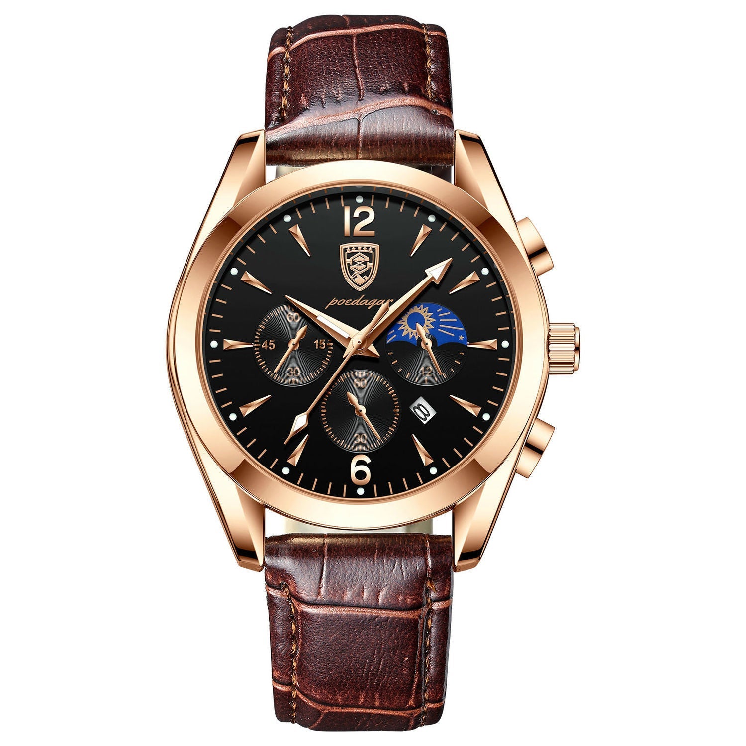 Waterproof luminous men's watch with brown leather strap and rose gold case.