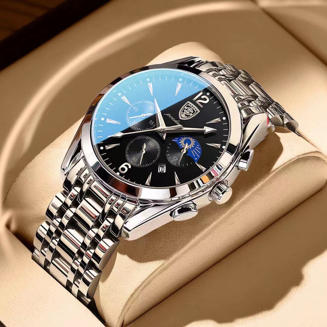 Waterproof luminous men's watch with silver steel band and black dial.